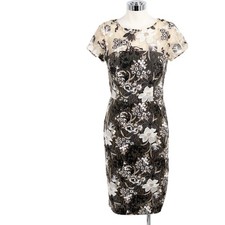 David Meister Floral Embroidered Sequin Illusion Sheath Dress Black Gold size 6