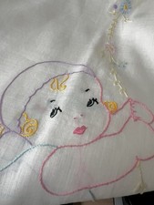 Vintage child  s blanket white cotton hand emb. children bunnies holding flowers