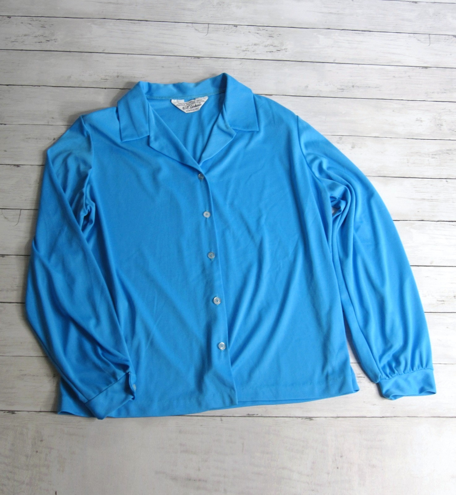 NPC Fashions Vintage Women's Blue Top Size L Long Sleeve Button Up Blouse