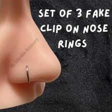 Clip on Fake Nose Piercing Rings, Set of 3 faux Nose Rings, Black, Silver, Gold