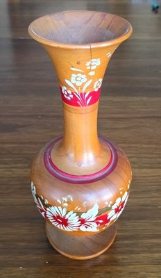 Vintage Wooden Hand painted Floral Long Neck Vase
