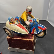 Vintage Wind-Up Motorcycle  Side Car Tin Lithograph Toy China 605