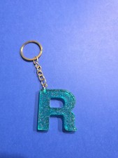 Initial New Letter R Resin Teal W Sparkle Key Chain