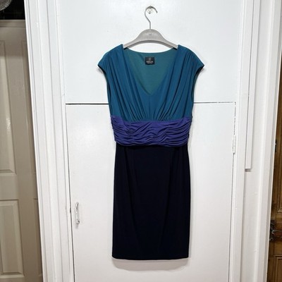 Madeleine Dress Green Purple Black Jersey Stretch V Neck Knee Length Lined UK 12