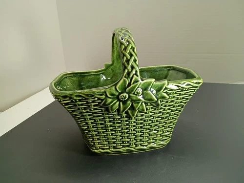 Vintage McCoy Floraline 561 Green Basket Planter 8.5x4.5x7 Mid-century
