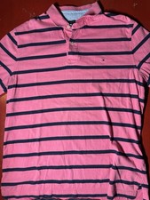 TOMMY HILFIGER Polo Shirt Men  s Large Custom Fit Pink Stripe VTG Y2K