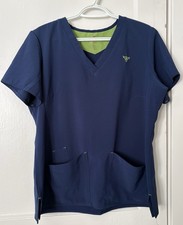 Med Couture Gold Scrub Top, Women s L Navy Blue Lime Accent, V-Neck Stretch
