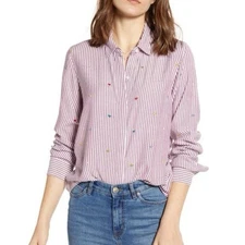 Rails Women’s Striped Heart Embroidered Button Down Blouse S Coquette Preppy