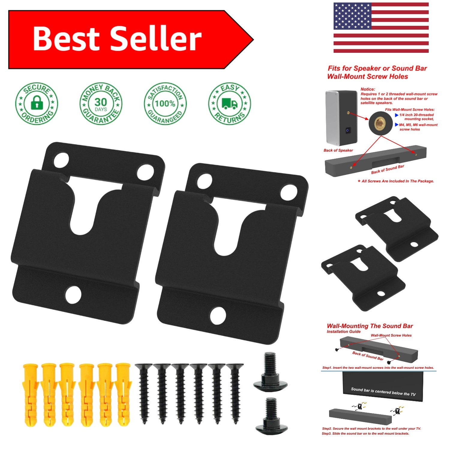 Space-Saving Soundbar Wall Mounts for Vizio Speakers - Black Steel Brackets