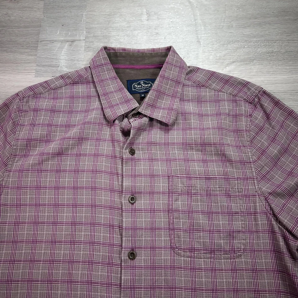 Nat Nast Shirt Mens Medium Purple Plaid Silk Cotton Short Sleeve Button Up - Image 3 of 4