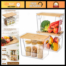 3 Set Stackable Pantry Organizers with Bamboo Lids - Clear Storage Bins for Frui
