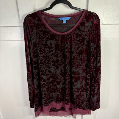 #ad Simply Vera Vera Wang Velvet Burnout Sheer Overlay Long Sleeve Top XL Burgundy $17.94