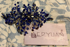 Blue Beaded Crystal  Pearl Leaf Bridal Hair Comb, Silver Tone Metal
