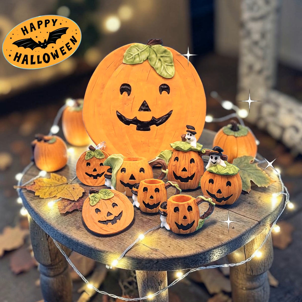 Vintage 1995 Pumpkin & Ghost Miniature Tea Set Halloween Ceramic