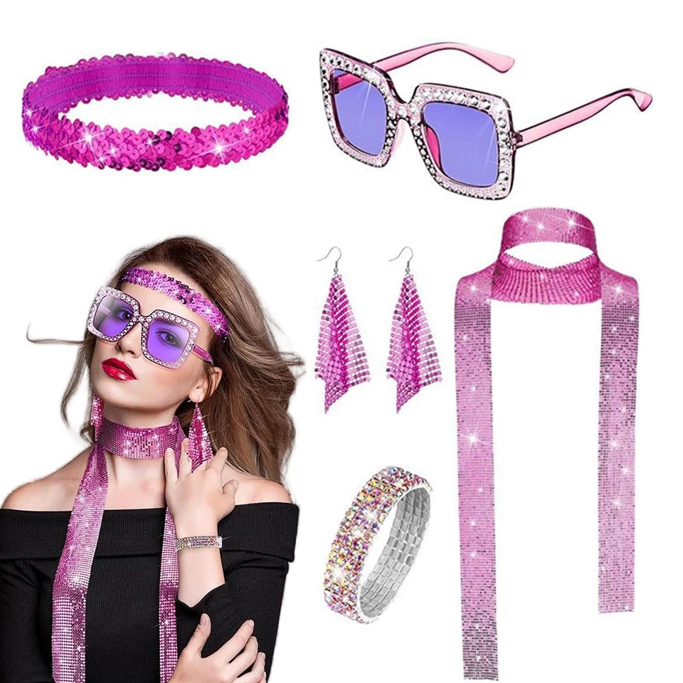 Accesorios de disfraces para mujer años 70 bufanda gafas conjunto de discoteca retro niñas trajes de fiesta Foto 4 de 4
