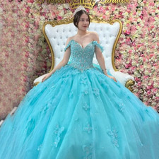 Aqua Green Quinceanera Dresses Ball Gown Sweet 16 Bowed Off Shoulder Butterfly