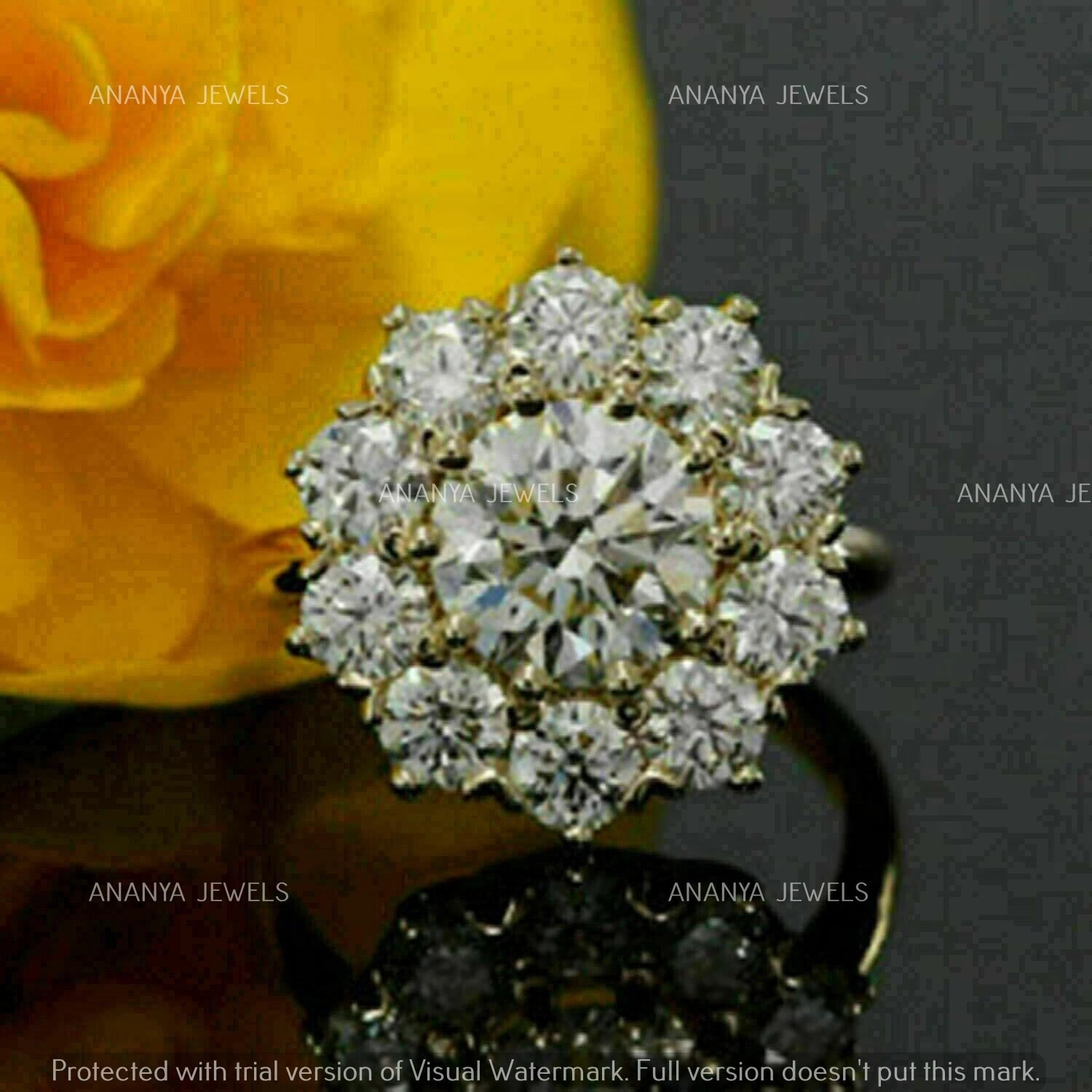 2 Ct Round Cut Moissanite Cluster Engagement Wedding Ring 14K Yellow Gold Plated