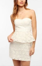 Women's PINS & NEEDLES Embroidered  Flocked  Peplum Strapless Dress Size 4 Creme