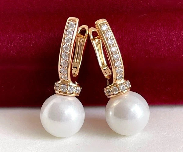 Luxus Perlen Ohrringe Creole Perle Zirkonia Rolled Gold 18K vergoldet Damen 26mm - Bild 3 von 4