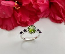 Nature Peridot Amethyst Gemstone Handmade 925 Sterling Silver Ring Size 7.5 Gift