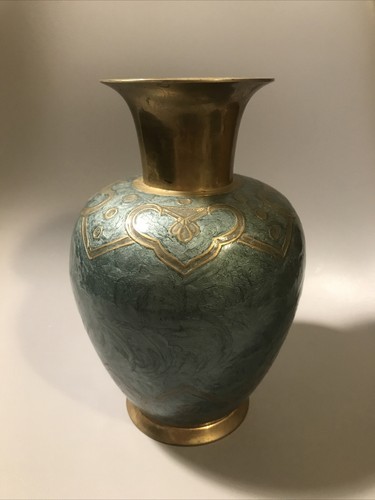 Vintage Brass Painted Vase 9" India Solid Brass Enamel - Picture 3 of 12