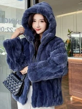 Winter Hooded Womens Real Rex Rabbit Fur Short Coat Jacket Zip Outwears Warm New