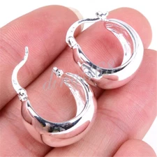 Genuine 925 Sterling Silver Classic Wide 20mm Plain Huggie Pierced Hoop Earrings