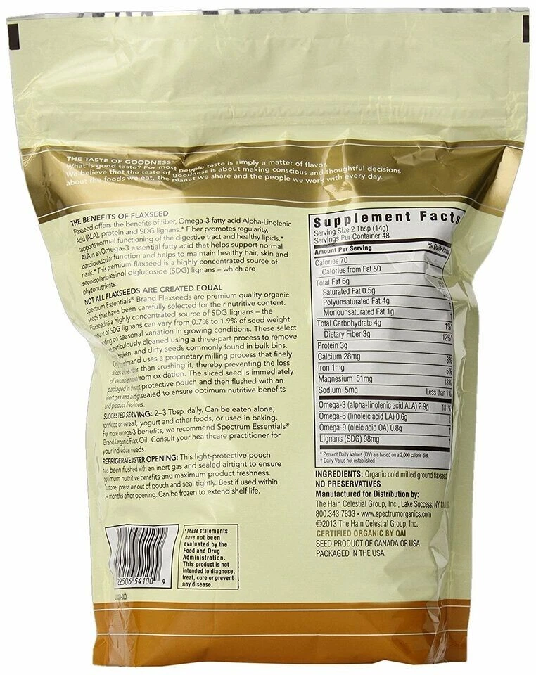 Semilla de lino de grano marrón molida entera orgánica cruda Omega-3 sin OGM sin gluten 24 OZ Foto 2 de 3