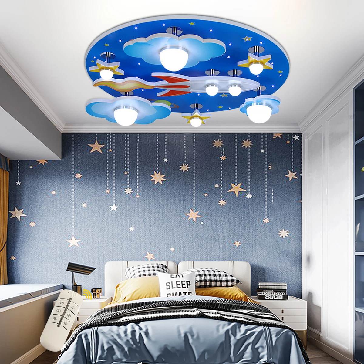 ZWJABYY Luminaire Enfant,30W LED Enfants Chambre Plafonnier Cosmic Star  Plafonnier Bande DessinéE LumièRe,avec Dimmable TéLéCommande,Plafonnier De