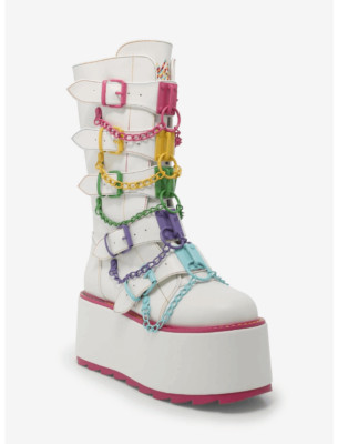 YRU Glitch White & Rainbow Chain Kawaii Rave Platform Boots Size 10