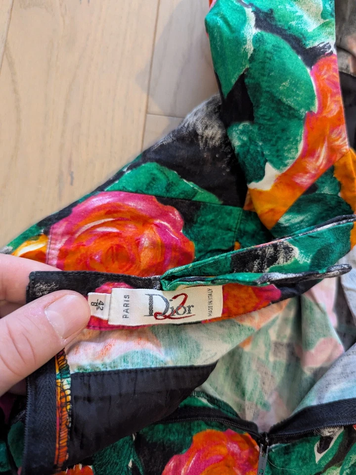 Vintage 80s Dior Floral Dress Sz42 L/XL Midi Colorful Paris Sleeveless Authentic - Image 2 of 4