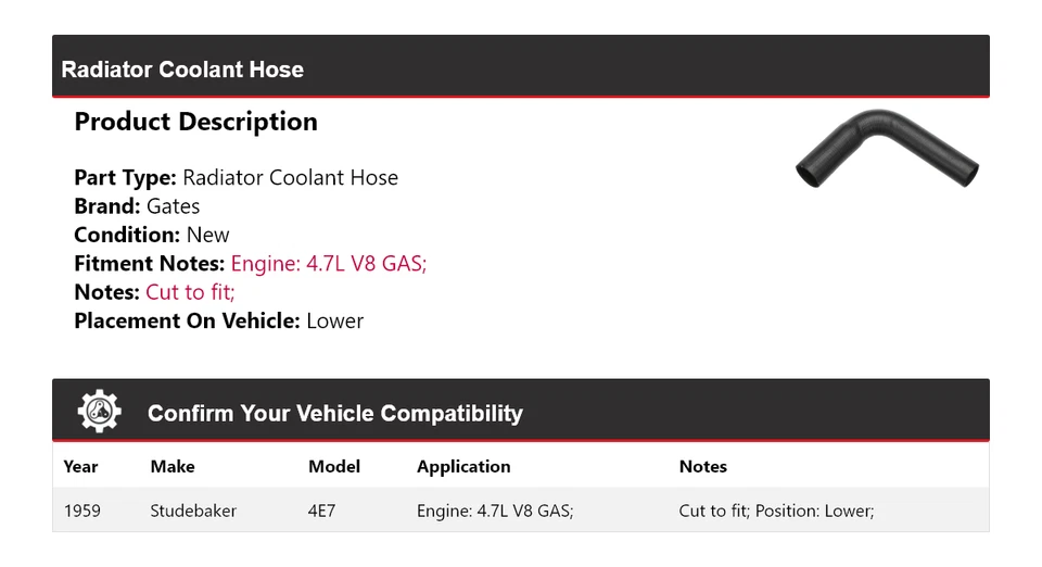 For 1959 Studebaker 4E7 4.7L V8 GAS Radiator Coolant Hose Lower Gates - Image 2 of 4