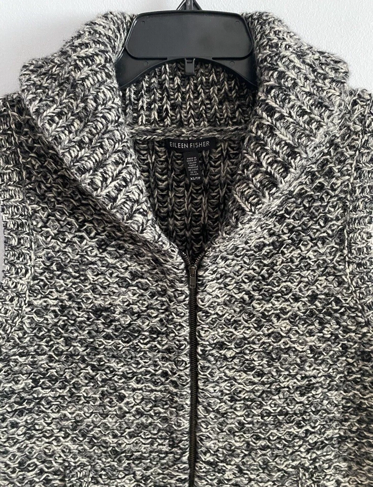 Chaleco Suéter Tejido Mezcla Lana Merino Eileen Fisher Tweedy Yak Cremallera Completa Gris XS Foto 2 de 4