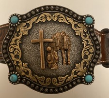 NOCONA Silver Belt Buckle Horse Cross Man Kneeling Praying And Leather Belt