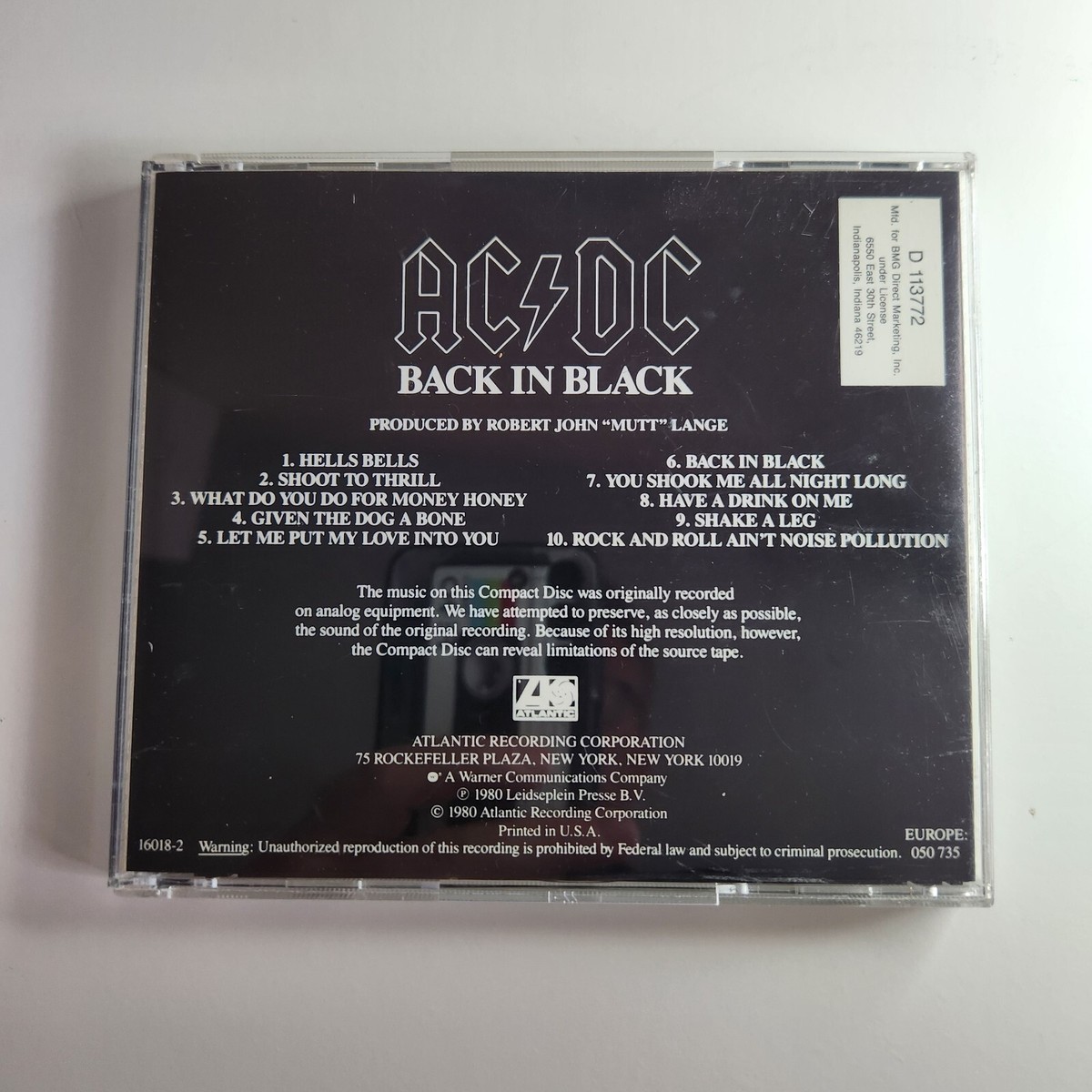 Back in Black CD Metal AC/DC 1st pressing Europe 16018-2 Tested