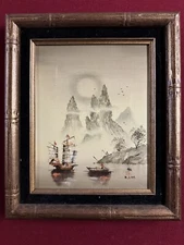 Vintage R. Ling Original Oil Painting Signed Gold Leaf Frame Boats Fishing Scene