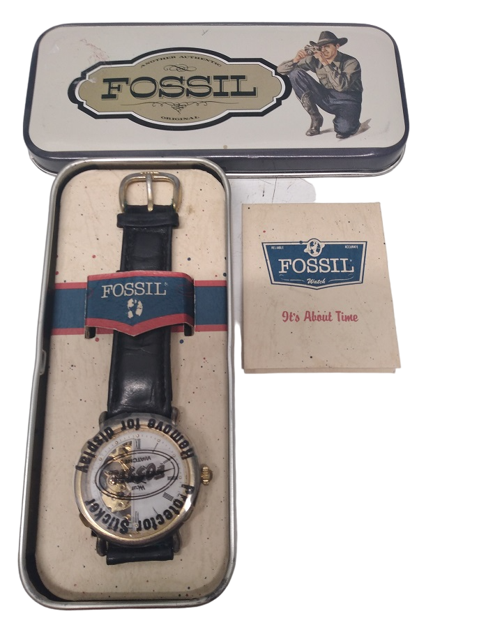 1990 FOSSIL See Through Watch - New / Old Stock with Cowboy Case