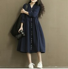 Abito Camicia Donna In Cotone E Lino Maniche Lunghe Lasso Lolita Fairy Princess
