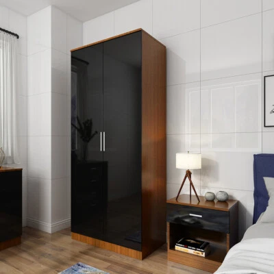 ELEGANT High Gloss 2 Door Black Walnut Wardrobe Large Storage Cupboard Bedroom Furniture