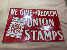 UNION TRADING STAMP CO PITTSBURGH PA EMBOSSED TIN TACKER SIGN RED WHITE ANTIQUE