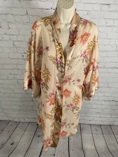 VTG Kathryn Sheer Pink Floral Satin Trim Kimono Sleeve Tie Close Robe Pockets M