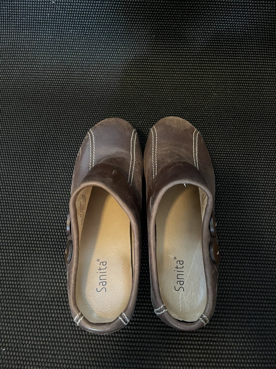 Sanita Brown Leather Wood Heel Clogs Mules Danish Shoes Size  display picture 1