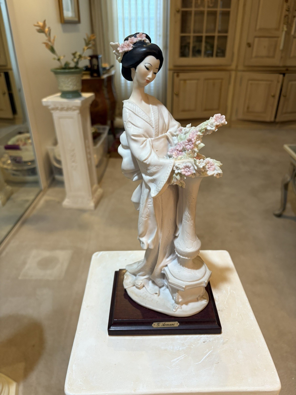 Vintage Giuseppe Armani Porcelain Japanese Geisha w/ Vase Statue 13.25"x5.5"Ex