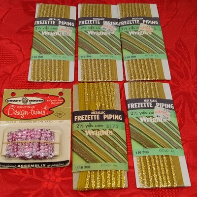 Wrights Vtg Lot Of 5+1 New NOS 2 1/2 Yards Gold Metallic Frezette Piping