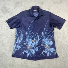 Vintage Tori Richard Mens Medium Aloha Shirt Navy Blue Floral Iris AOP USA Made