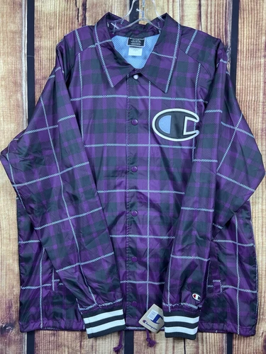 Giacca Champion leggera BIG C Snap uomo XL a quadri viola streetwear Coach nuova con etichette