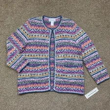 Alfred Dunner Cardigan Womens Small Colorful Nordic Fair Isle Knit Sweater NEW