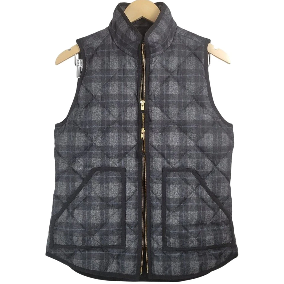 J. Crew Factory Plaid Puffer Vest Gray Black Quilted Sleeveless Jacket Layer Top - Image 2 of 4