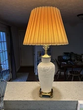 Vtg XL Muller Freres Style Lamp Satin Glass Embossed Tropical Birds-Excellent!