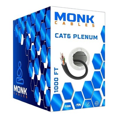 Monk Cables CAT6 Plenum Cable 1000ft Black UTP 23AWG 550MHz DSX-8000 NEW